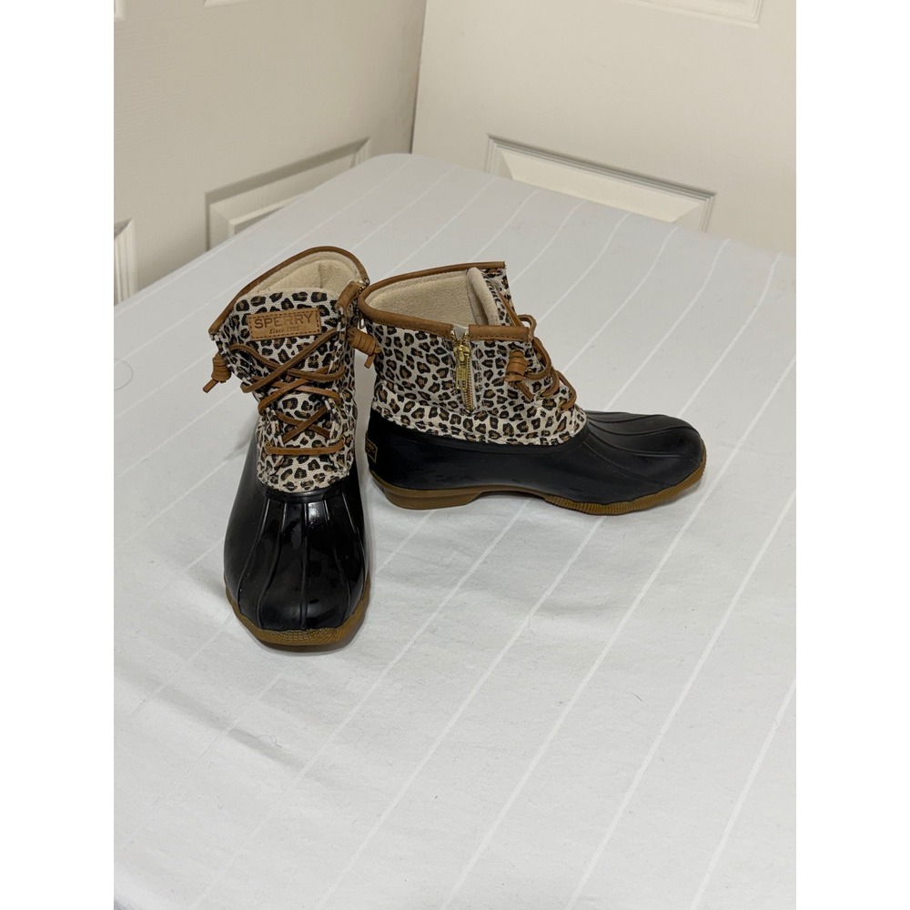 Sperry Saltwater Leopard Print Duck Boots Black Tan Womens 6 STS85919